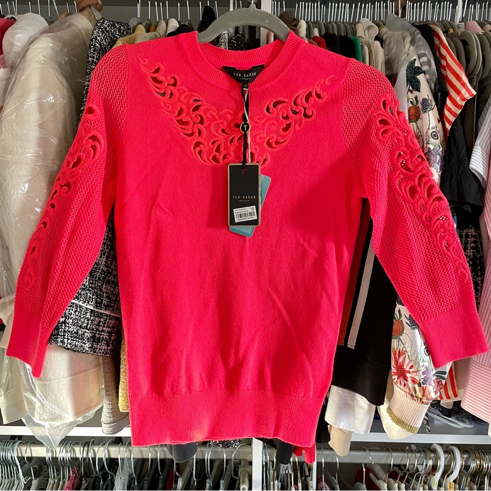 Ted Baker Pink Lace Cutout 3/4 Sleeve Sweater